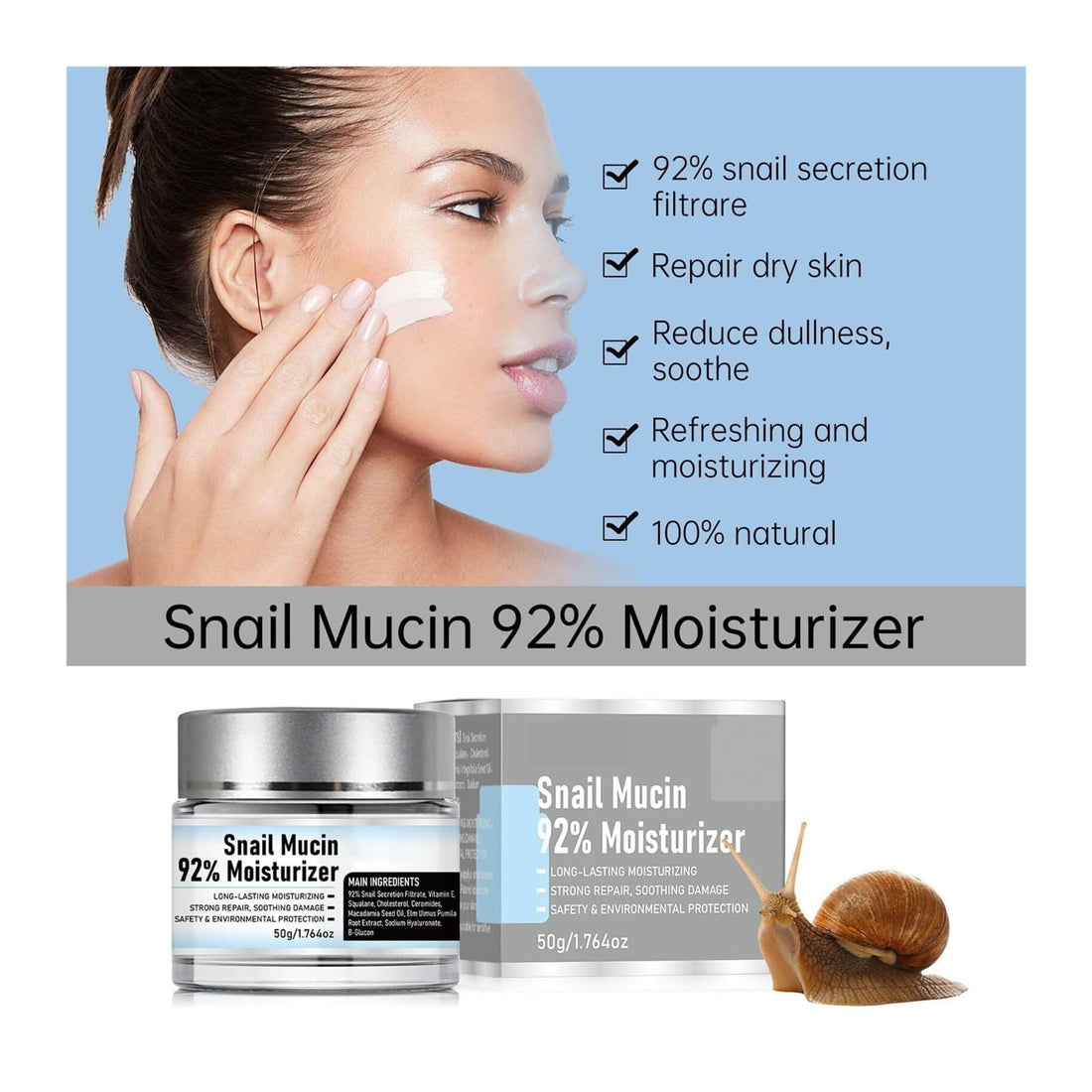 Lmuwecno Snail Mucin Moisturizer Crema De Baba De Caracol Original Snail Mucin 92% Moisturizer Snail Mucin Cream Baba De Caracol Original(1pc)