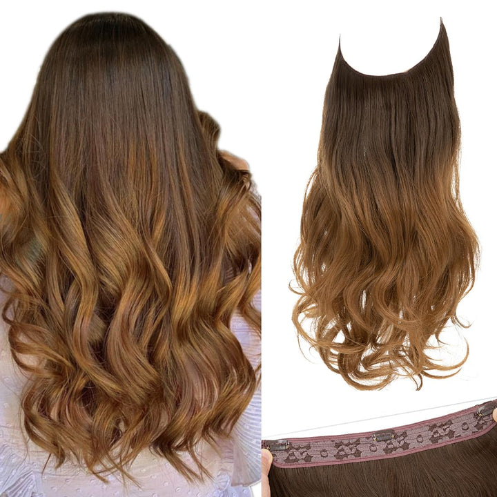 SARLA Ombre Invisible Wire Hair Extensions with 3 Clips Long Synthetic Wavy Curly Hairpiece Adjustable Transparent Headband for Women 18 Inch Brown to Golden