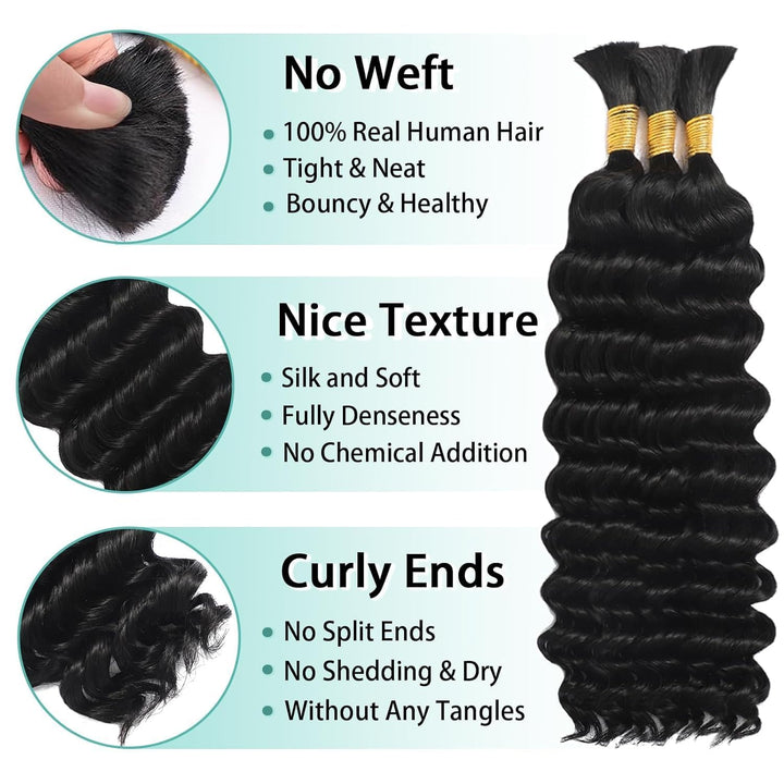 Human Braiding Hair for Boho Braids Human Hair 110g 14 Inch Curly Boho Hair for Braiding Knotless 12A Deep Wave Bohemian 3 Bundles/Pack Natural Color