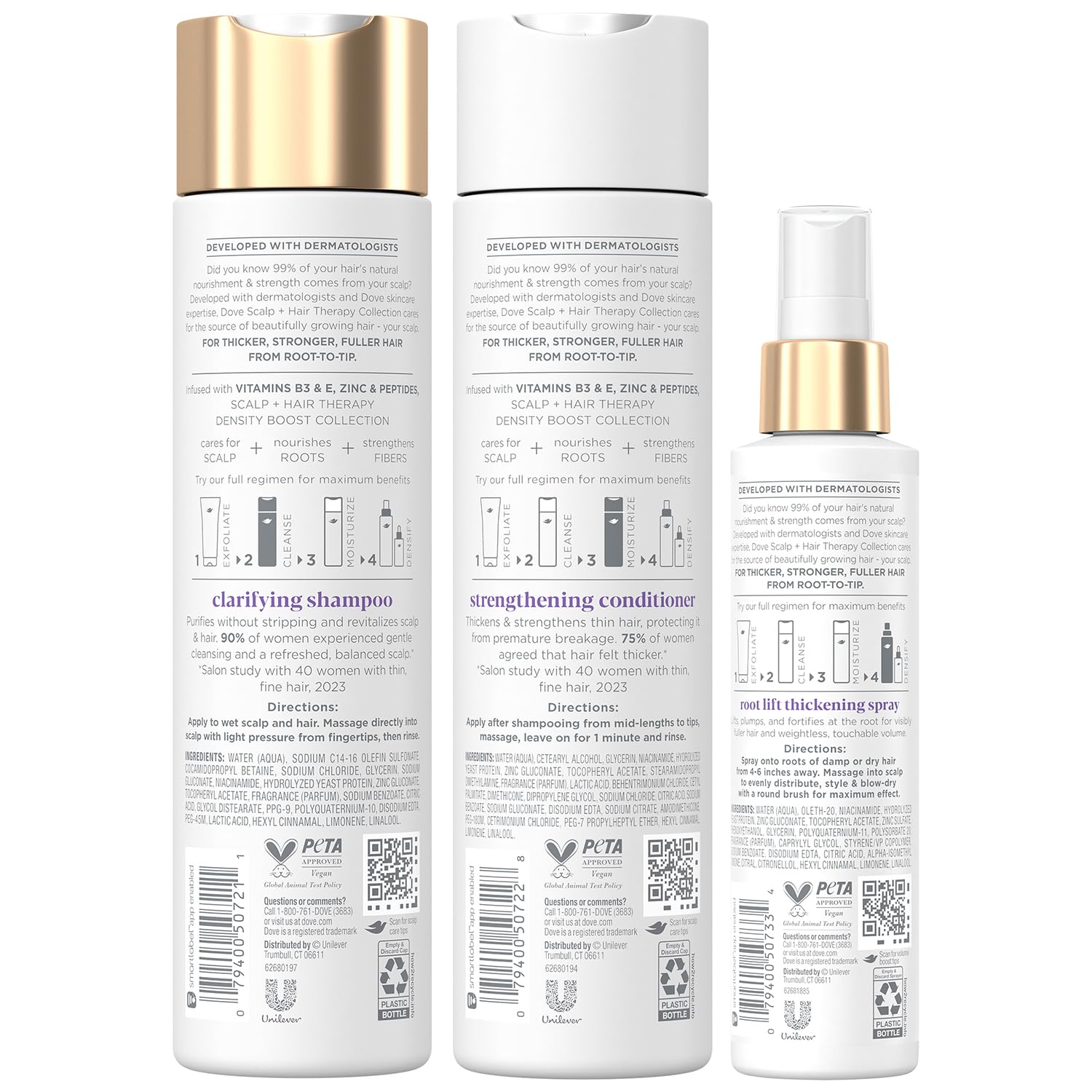 Dove Scalp + Hair Therapy Bundle – Density Boost Clarifying Shampoo and Strengthening Conditioner + Root Lift Thickening Spray with Vitamins B3 & E, Zinc & Peptides (3 Piece Set)