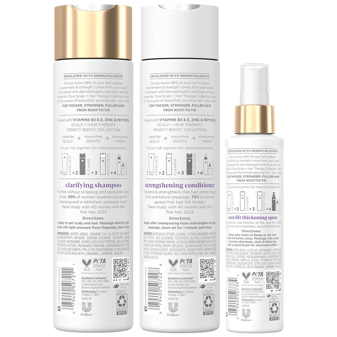 Dove Scalp + Hair Therapy Bundle – Density Boost Clarifying Shampoo and Strengthening Conditioner + Root Lift Thickening Spray with Vitamins B3 & E, Zinc & Peptides (3 Piece Set)