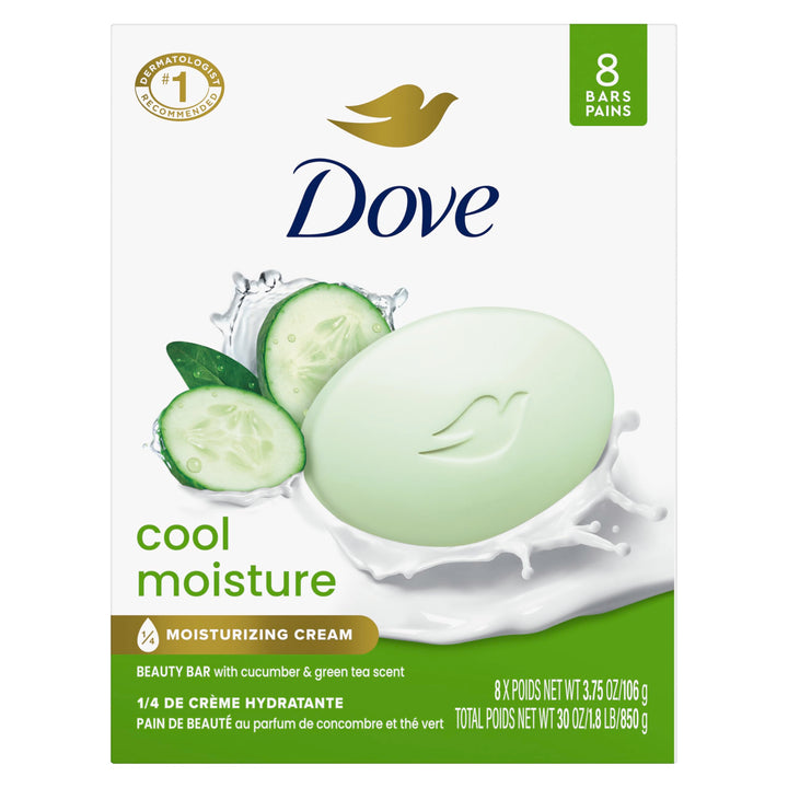 Dove Beauty Bar Soap 8 Bars for Refreshed Skin, Cool Moisture Cucumber & Green Tea Scent, Leaves Skin Refreshed 3.75 oz