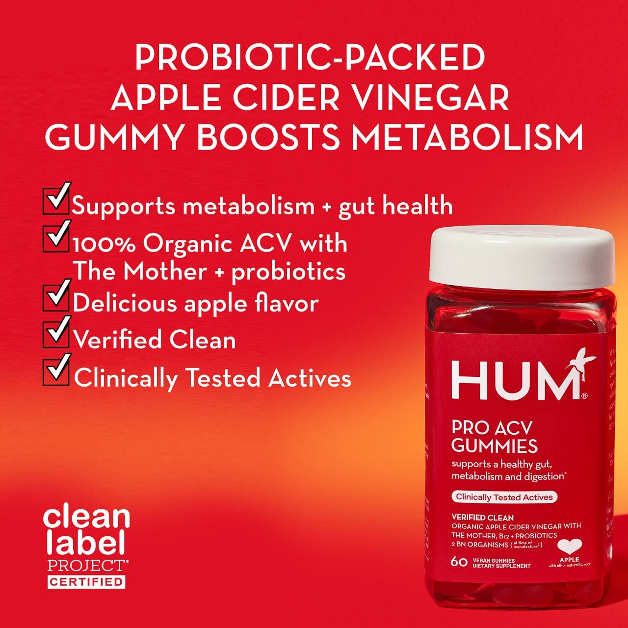 HUM Pro ACV Gummies -100% Organic Apple Cider Vinegar with The Mother, Probiotics for Digestive Health & B12 for Metabolism Support (60 Count)
