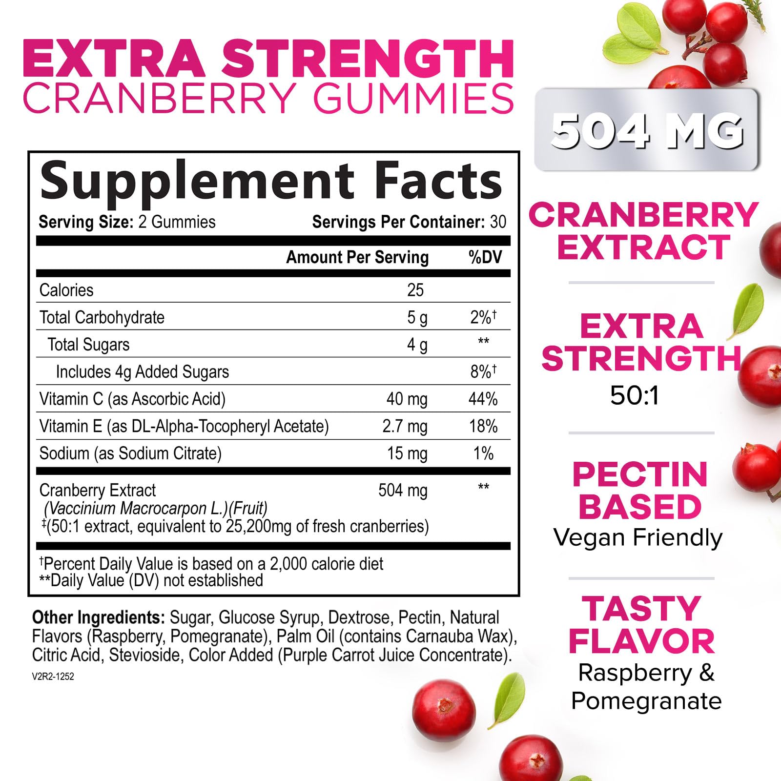 Cranberry Supplement Gummies + Vitamin C - Made with 25,000mg 50:1 Cranberry Extract to Help Cleanse and Protect The Urinary Tract, Nature's Chewable Cranberry Pills for Women, Non-GMO - 60 Gummies