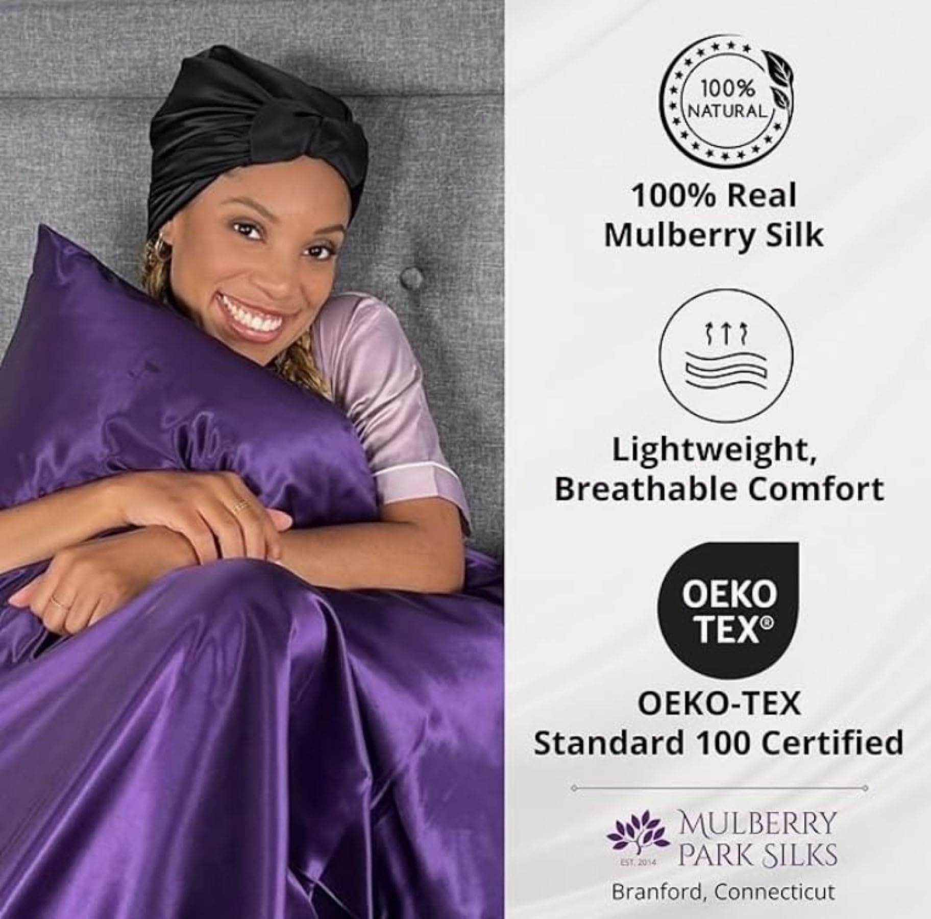 Pure Silk Hair Black Head Scarf, 100% Pure Mulberry Silk, Oeko-Tex Certified, Provides Chemotherapy Comfort And Supports Hair Regrowth
