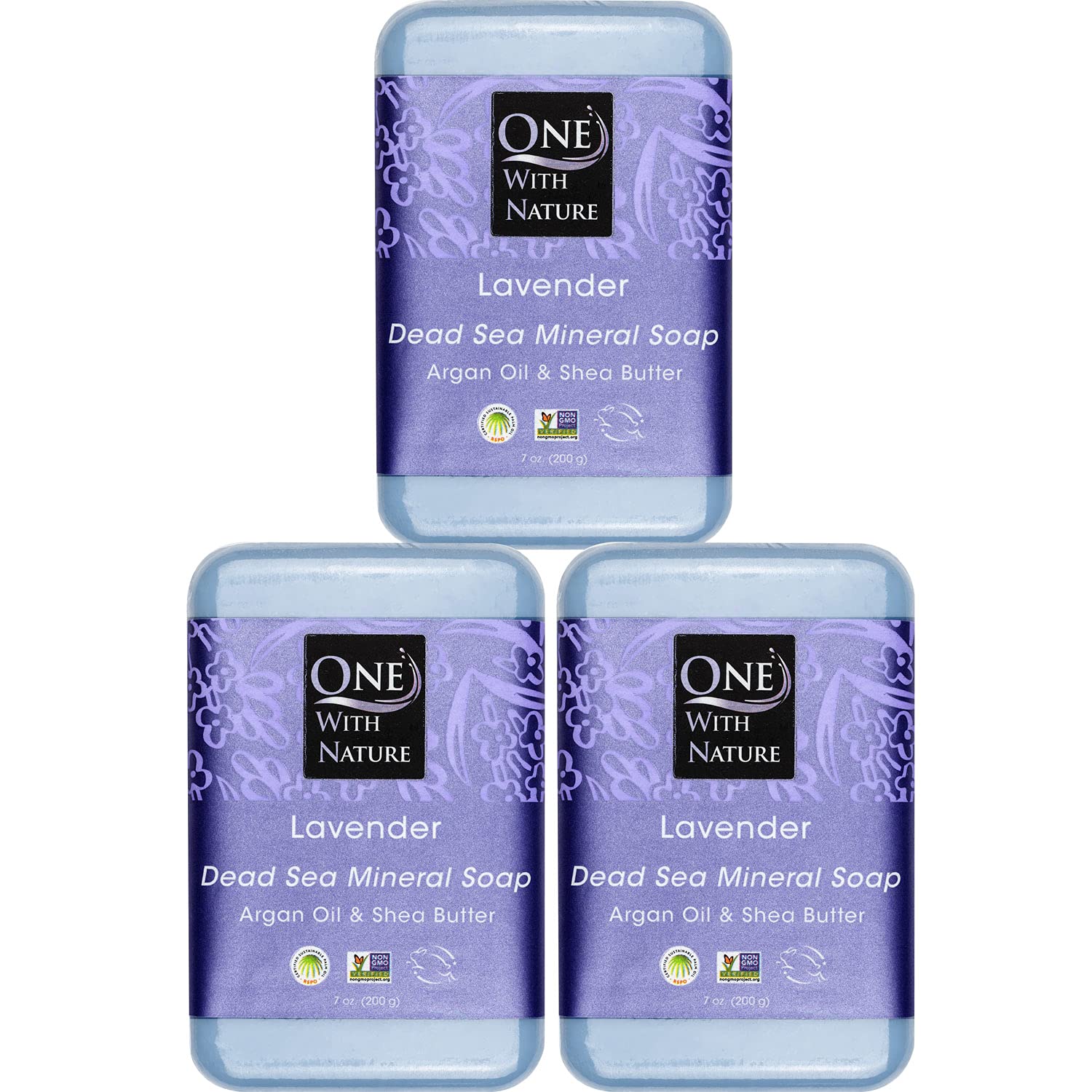 One With Nature Dead Sea Salt Lavender Soap 7oz Bars 3Pack - Dead Sea Salt Contains Magnesium, Sulfur & 21 Essential Minerals - Ideal for All Skin - Shea Butter, Argan Oil Enriches, Natural Fragrance
