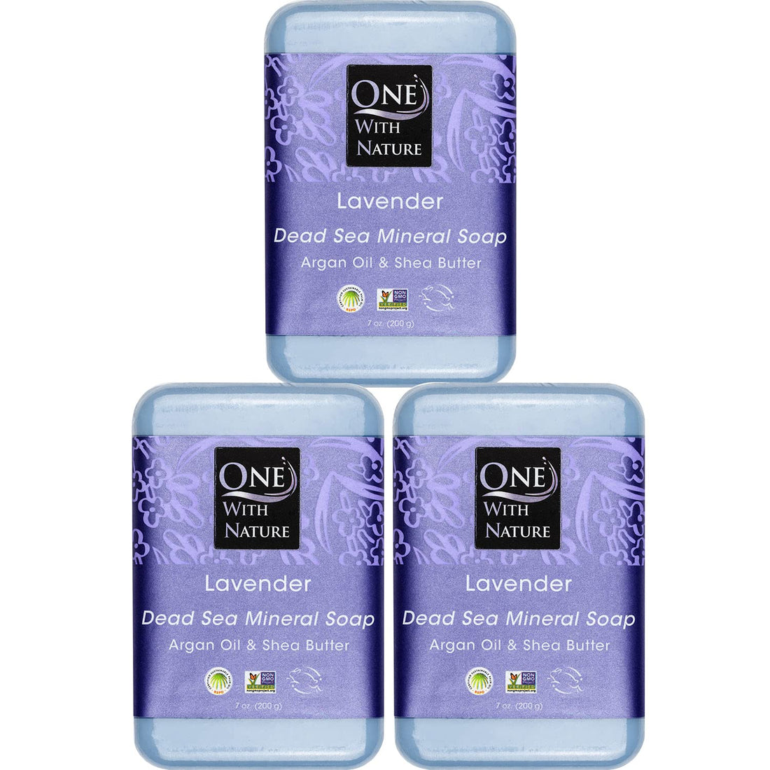 One With Nature Dead Sea Salt Lavender Soap 7oz Bars 3Pack - Dead Sea Salt Contains Magnesium, Sulfur & 21 Essential Minerals - Ideal for All Skin - Shea Butter, Argan Oil Enriches, Natural Fragrance