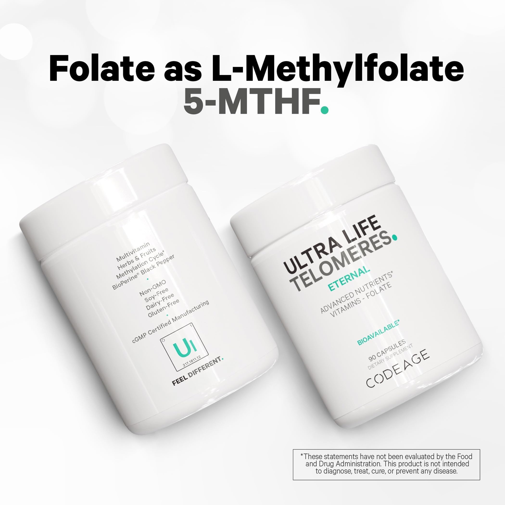 Codeage Ultra Life Telomeres Supplement - 5 MTHF Folate Vitamin B9, Vitamin B12 Methylcobalamin, Vitamin D3, L-Theanine, Ashwagandha - 3-Month Supply - DNA, Methylation Cycle - Non-GMO - 90 Capsules