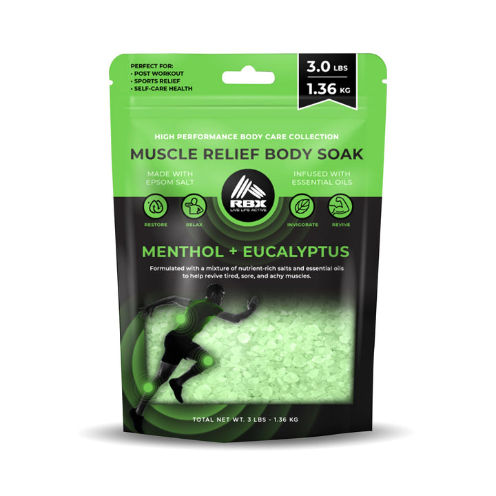 RBX Muscle Relief Epsom Salt – 5 lb Resealable Bath Soak with Menthol & Eucalyptus Essential Oils – Soothing Foot Soak & Body Soak for Muscle Relief & Relaxation – Bath Salts for Post-Workout Recovery