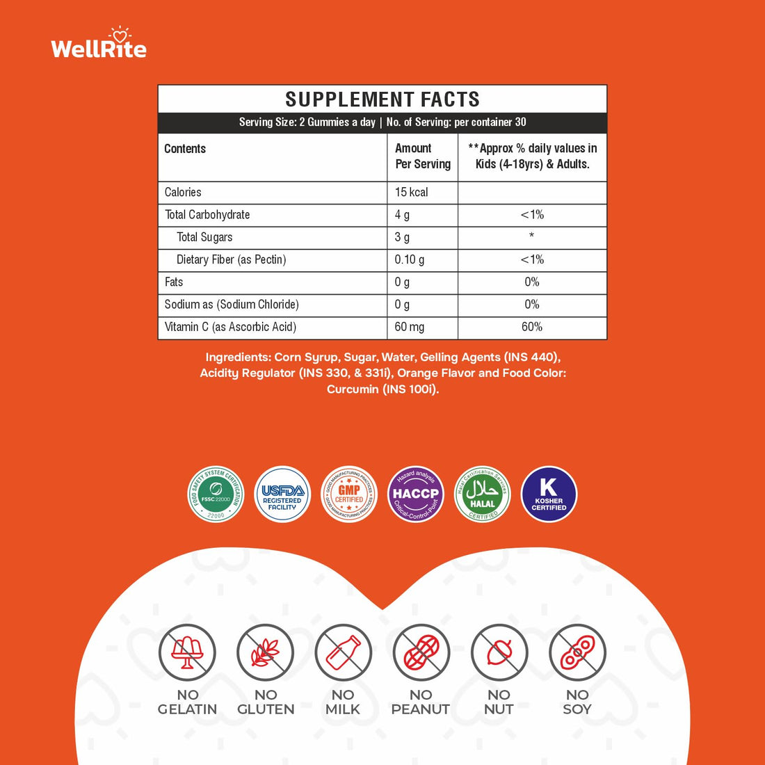 Wellrite Vitamin C Gummy Vitamins which Helps Boost Immunity, 60 Count, Orange Flavored, Vegan, Gelatin Free, Gluten Free, Nut Free, Boosts Immunity, Antioxidant, Prevents Iron Deficiency