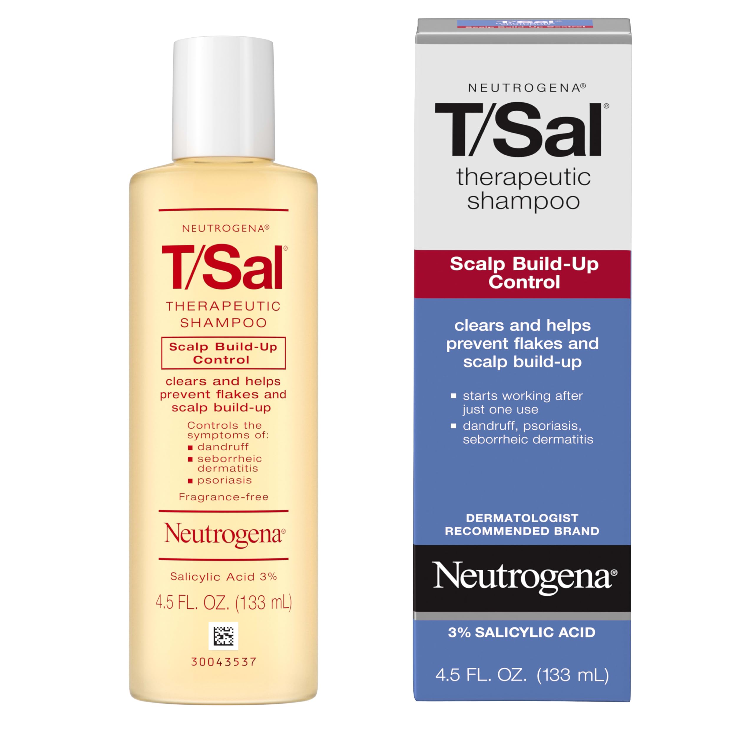 Neutrogena T/Sal Therapeutic Dandruff Shampoo, Scalp Build-Up Control, 3% Salicylic Acid, Scalp Psoriasis Treatment, Seborrheic Dermatitis Shampoo, Clears & Controls Flakes, Fragrance Free, 4.5 fl oz