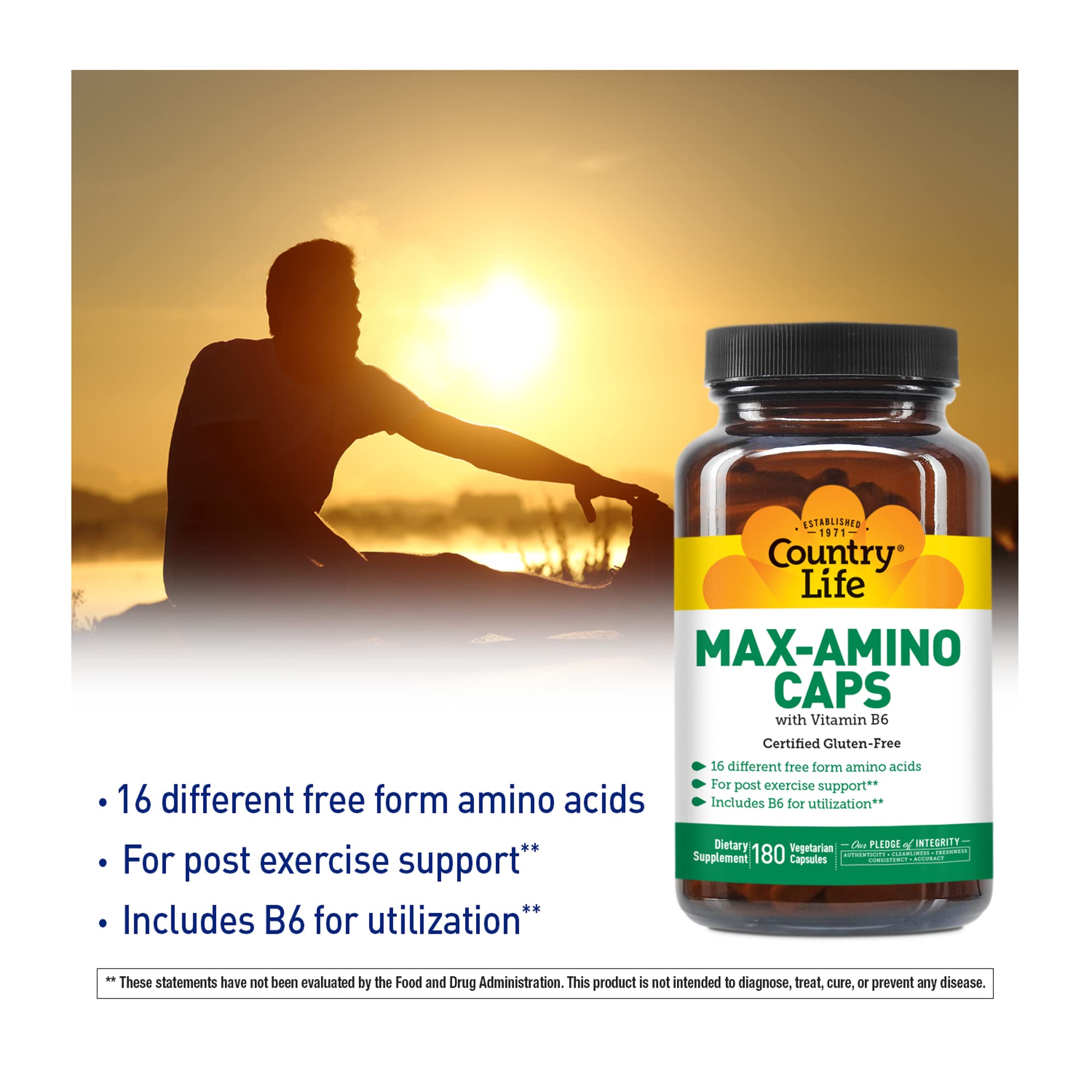 Country Life Maxi-Amino with 16 Free Form Amino Acids, 180 Vegetarian Capsules, Certified Gluten Free, Certified Vegetarian