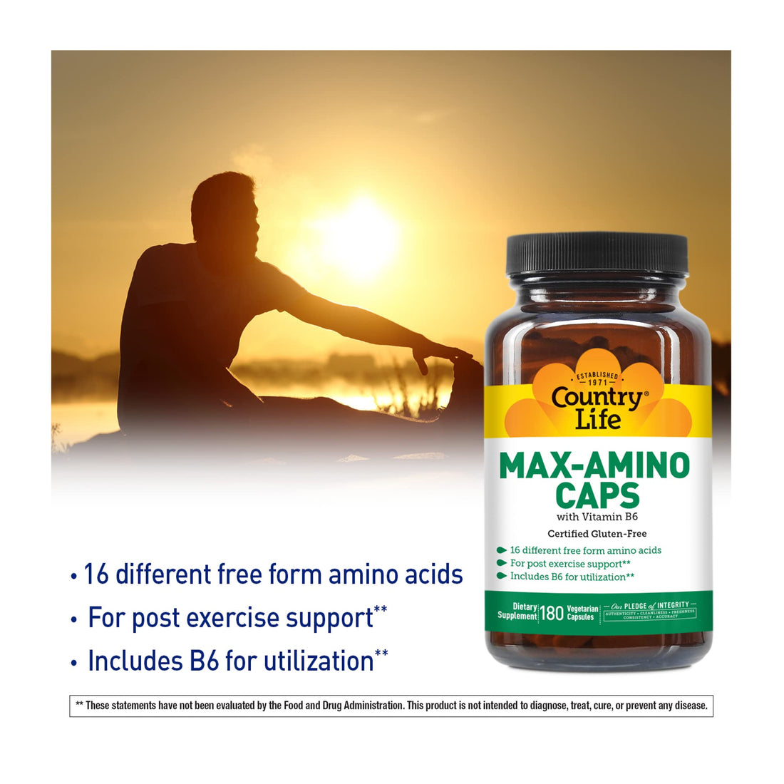 Country Life Maxi-Amino with 16 Free Form Amino Acids, 180 Vegetarian Capsules, Certified Gluten Free, Certified Vegetarian