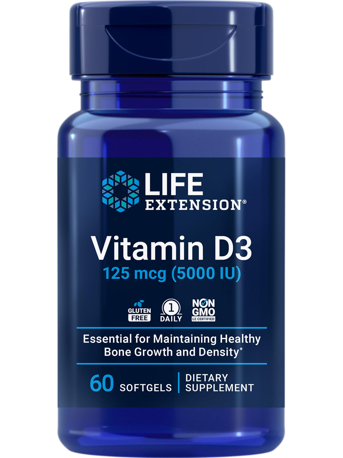 Life Extension Vitamin D3 125 mcg (5000 IU), Bone Health, Brain Performance, Immune System Support, Gluten-free, Non-GMO, Once Daily, Two-month Supply, 60 Softgels