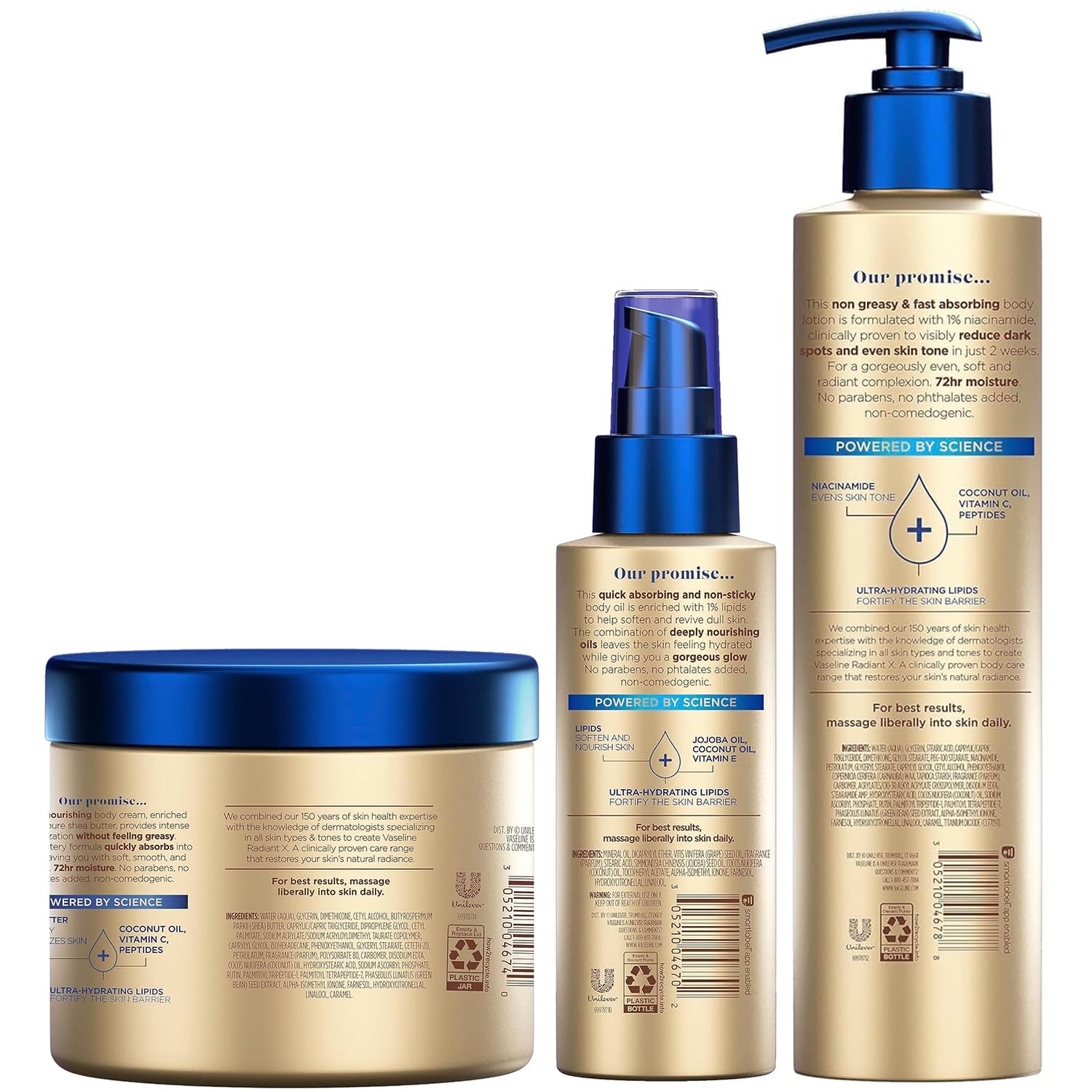 Vaseline Radiant X Skin Care Set –Even Tone Nourishing Body Lotion with 1% Niacinamide, Deep Nourishment Body Cream with Vitamin C + Hydrating Body Oil with Vitamin E (3 Piece Set)