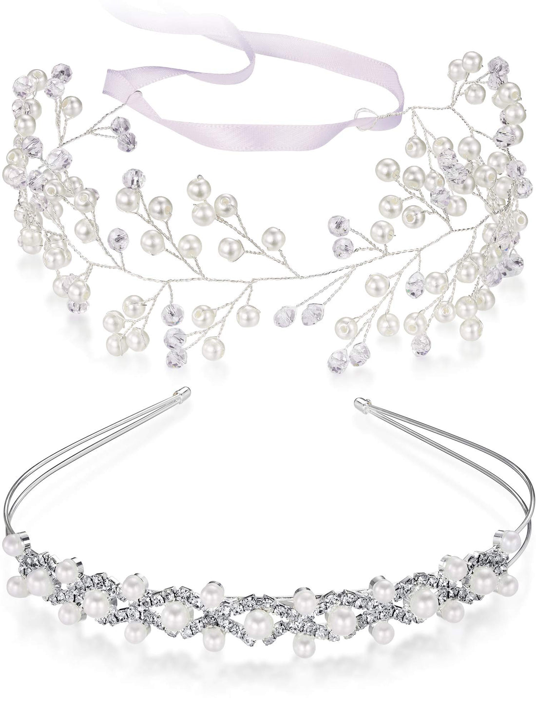 WILLBOND 2 Pieces Flower Girls Headpiece Princess Wedding Faux Pearls Rhinestone Headband Bridal Crystal Hairband Tiara for Flower Girls Toddler Crown Wedding Party Hair Accessory