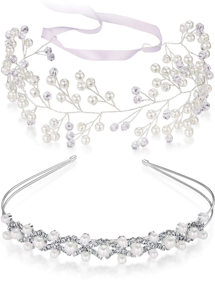 WILLBOND 2 Pieces Flower Girls Headpiece Princess Wedding Faux Pearls Rhinestone Headband Bridal Crystal Hairband Tiara for Flower Girls Toddler Crown Wedding Party Hair Accessory