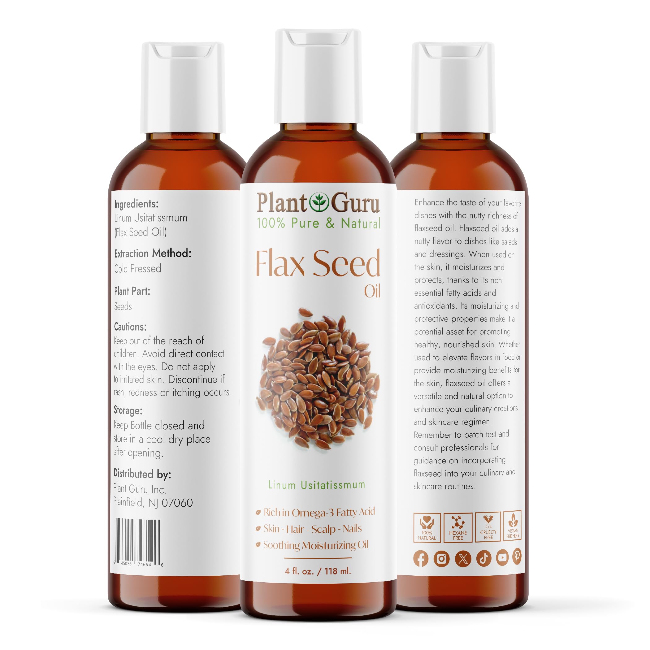Flaxseed Oil 4 fl. oz. Unrefined Cold Pressed 100% Pure Natural Carrier For Skin, Face, Body Moisturizer, and Hair Growth.