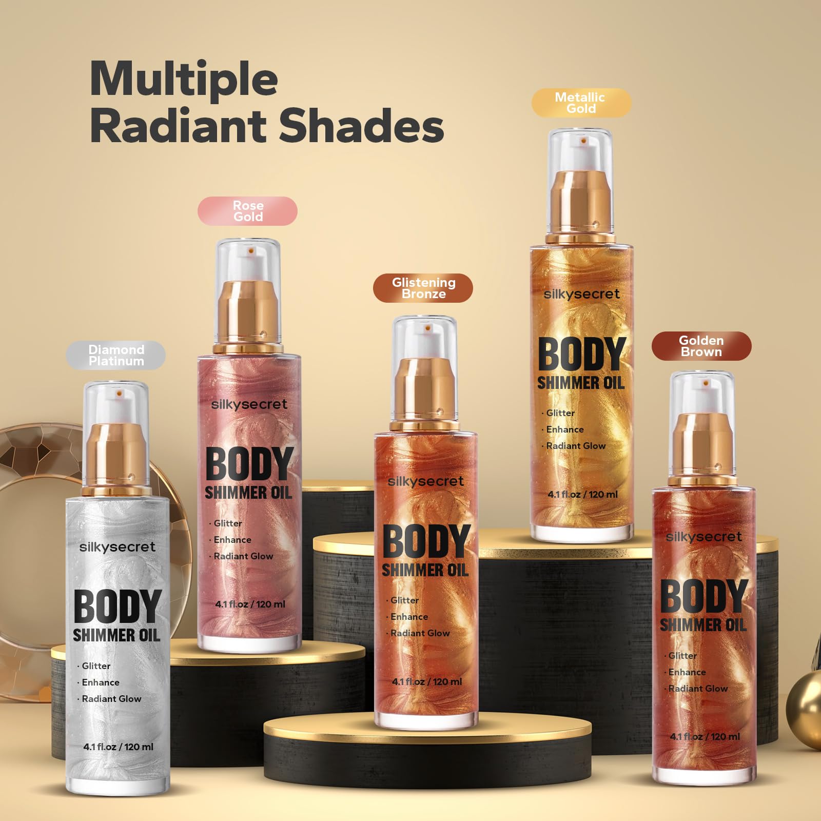 Body Shimmer Oil (4.1 Fl Oz), Body Shimmering, Long-Lasting Moisturizing, Body Oil for Radiant Glow, Glitter Glow Oil, Body & Face Makeup, Rose Gold