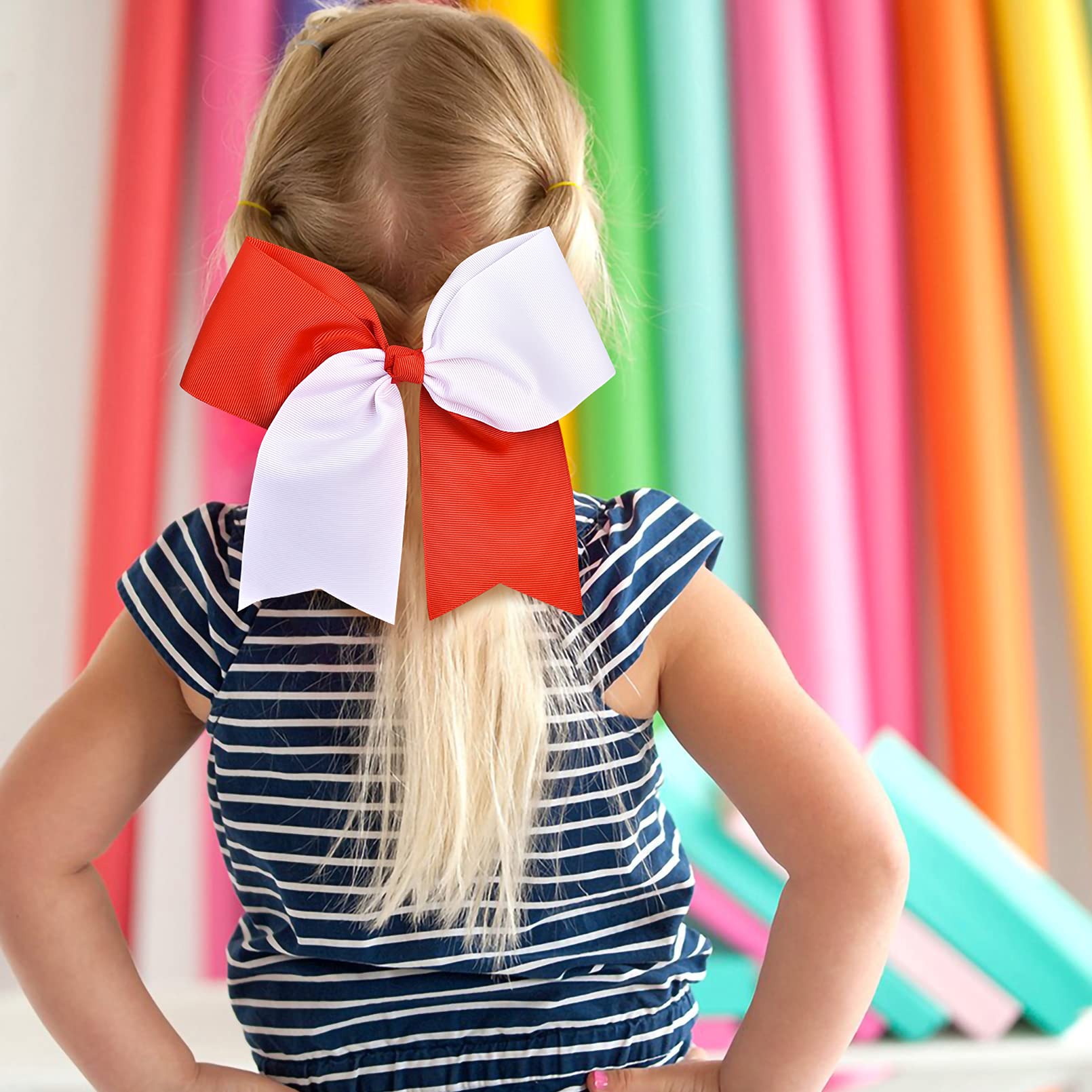 Aileam Red/White(12Pcs) : 12 Pcs Large Cheer Bows 8 Bulk Hair Bow Accessories With Ponytail Holder For Girls High School College Cheerleading