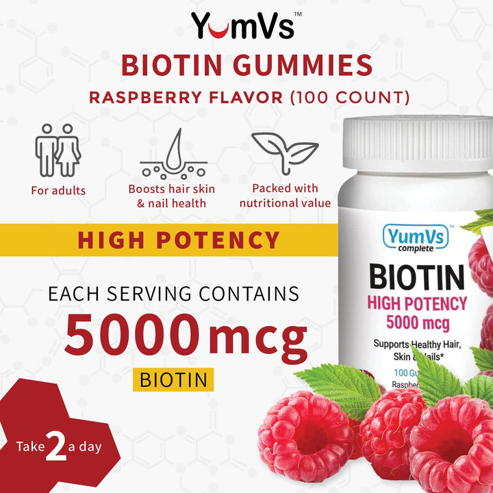 YUM-V'S High Potency Biotin Gummies by YumVs | Daily Dietary Supplement for Adults and Kids | Biotin 10000 mcg | Natural Raspberry Flavor Jellies, 100-Count | Vegetarian, Non-GMO, Kosher
