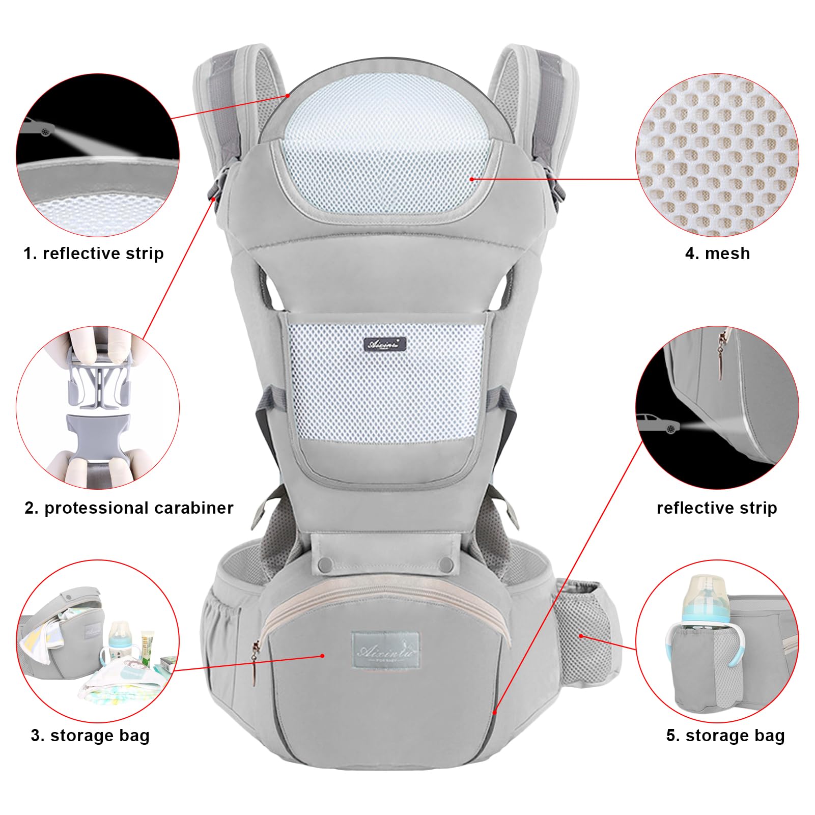 Huifen Multi-Functional 9 in 1 Baby Carrier - Newborn to Toddler, 7-45 lbs, Ergonomic Sling Carrier with Hip Seat, Hands Free Backpack Carrier for All Seasons (Grey)