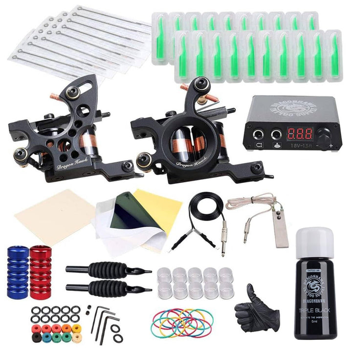 Dragonhawk Traditional Pro Complete Tattoo Kit - Two Machines Gun Easy Use Color Ink Power Supplies Disposable Needles Grips Great for Beginners & Starter Tattoo Aritsts 11-85