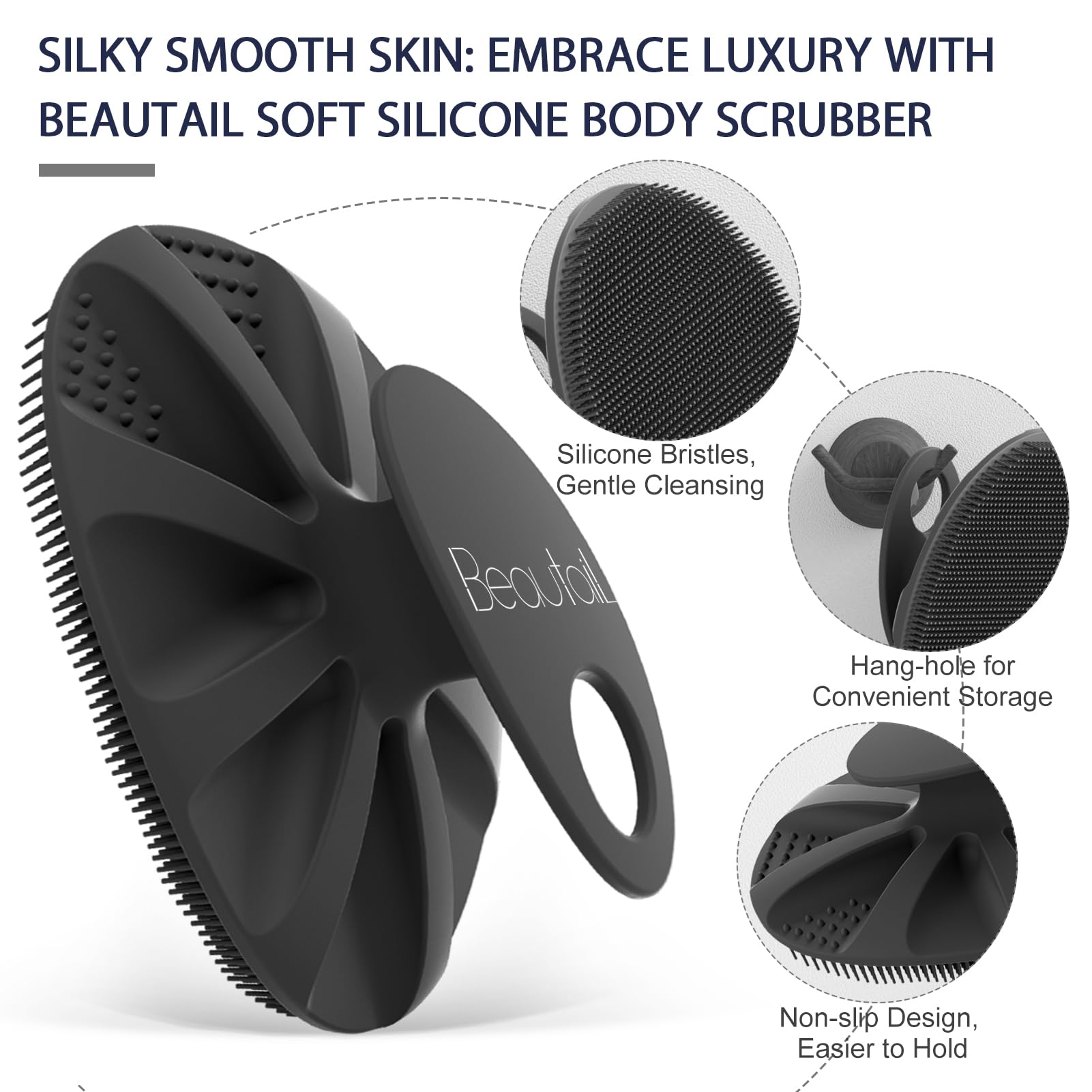 BEAUTAIL Silicone Body Scrubber Shower Bath Wash Brush Gentle Exfoliating Scrub Cleansing Loofah for Women Men Baby Sensitive Skin, Easy to Clean, Lather Nicely, More Hygienic, 1 Pack, Black