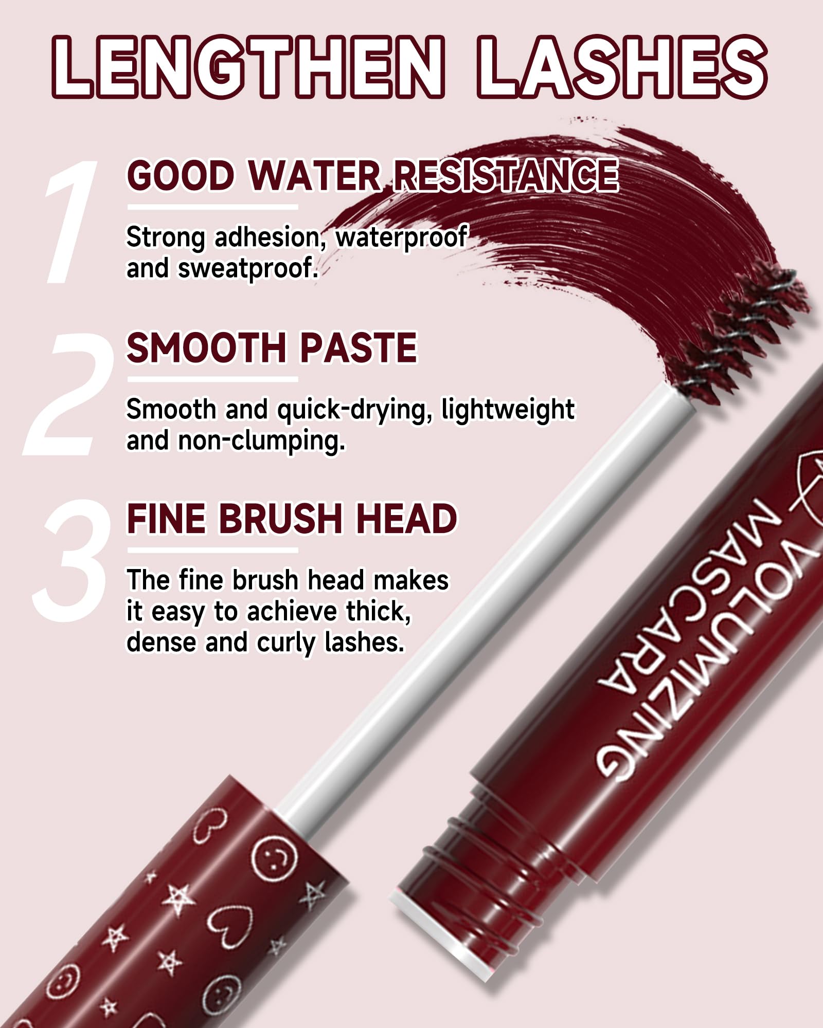 2Pcs Burgundy Waterproof Christmas Mascara Volume and Length,Long Lasting Colored Liquid Tubing Mascara Lash Extensions for Eyelashes,Smudge-Proof Curling Voluminzing Colorful Mascara Women Eye Makeup