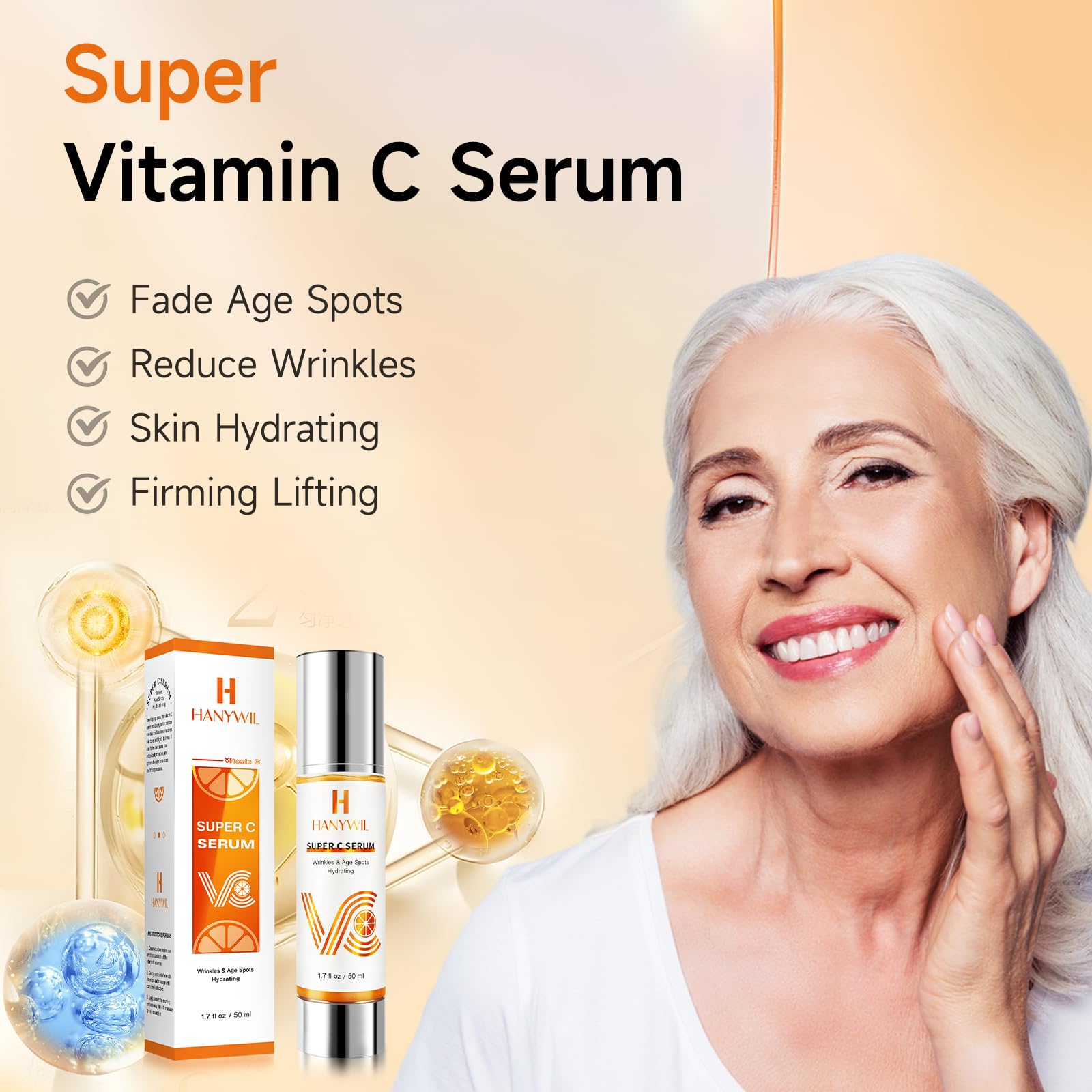 HANYWIL Super Vitamin C Serum for Women over 70, Vitamin C Serum for Face, Dark Spot Remover for Face, Hyaluronic Acid Skin Care, Targets Age Spots, Hydrates and Wrinkle Reduction 1.7fl oz