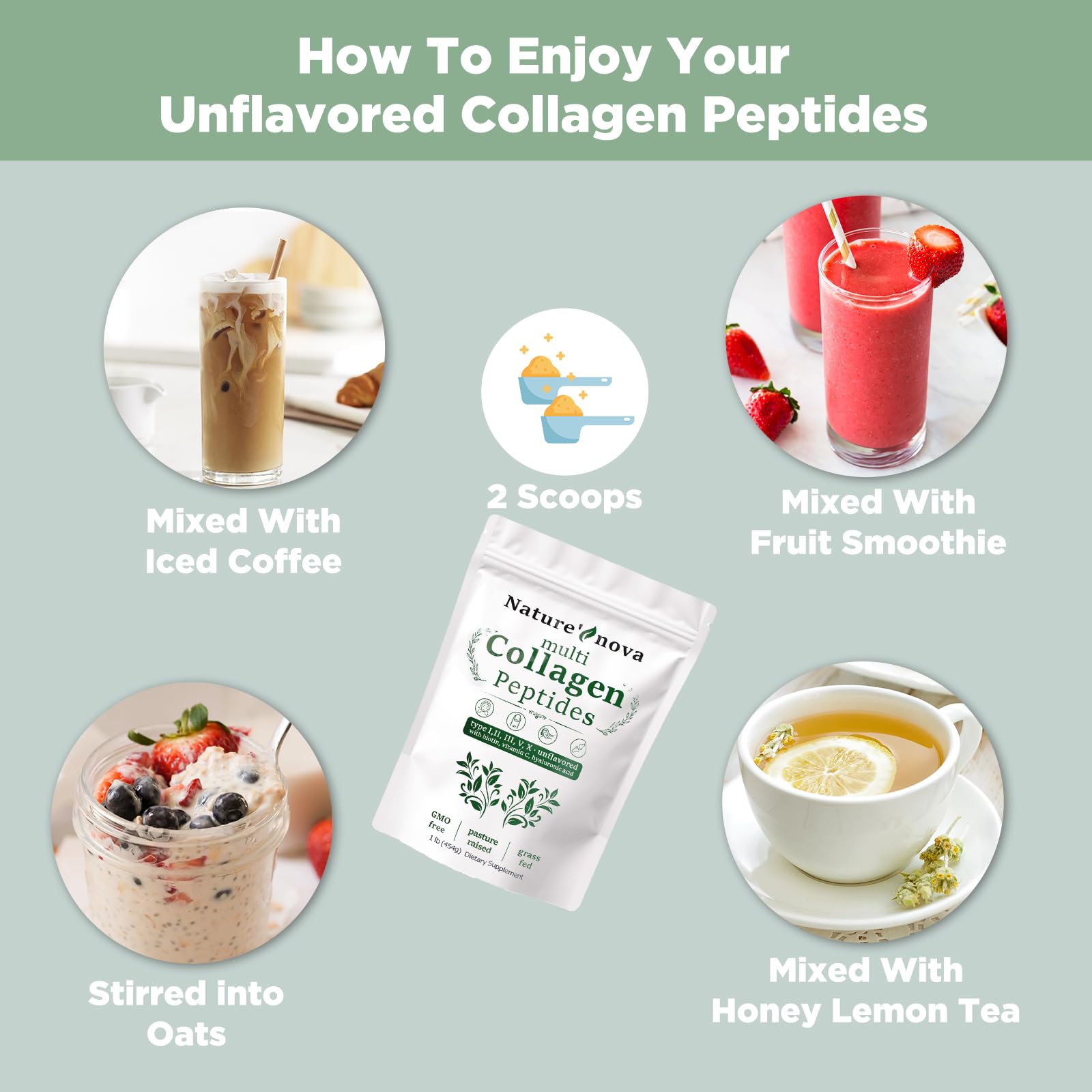 Nature's Nova Multi Collagen Peptides Powder - Type I,II,III,V,X with Biotin, Hyaluronic Acid, Vitamin C - Unflavored, Easily Dissolved, Non-GMO