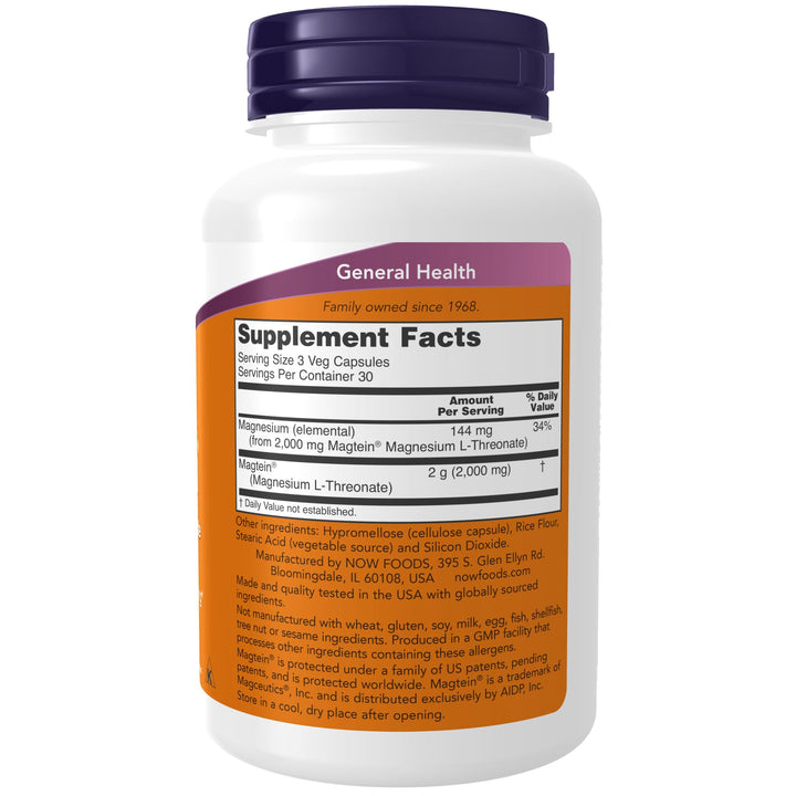 NOW Foods Supplements, Magtein™ with patented form of Magnesium (Mg), Cognitive Support*, 90 Veg Capsules