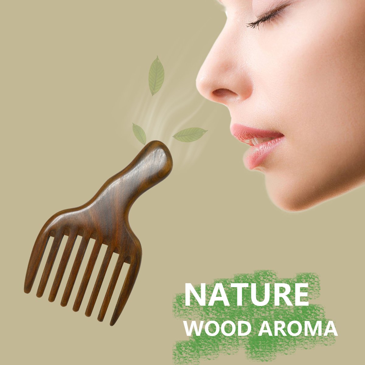 Meta-C Hair/Beard Pick/Comb - Made Of One Whole Piece Of Natural Green Sandal Wood With Fantastic Handle (Wide Tooth)