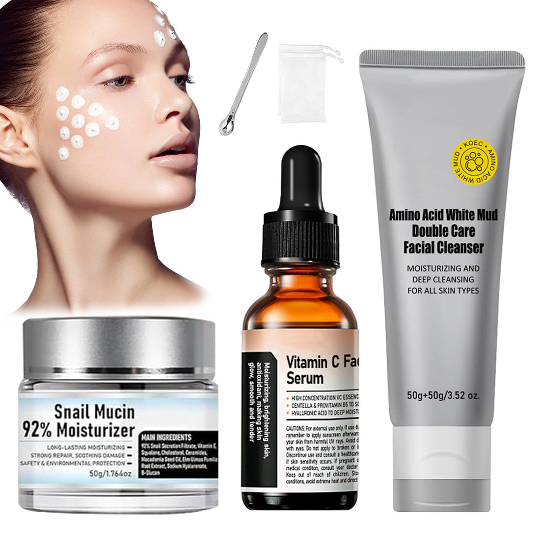 Crema de Baba de Caracol Original, Vitamin C Facial Serum 1.01 Oz, Snail Mucin 92% Moisturizer Daily Face Gel Cream1.76 Oz, Facial Cleanser 3.52 Oz for all skin type (3pcs)