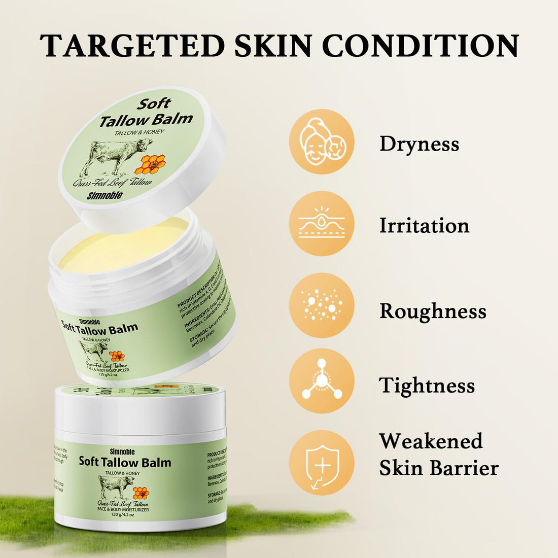 Beef Tallow for Skin, Beef Tallow and Honey Balm, Natural Tallow Face Moisturizer, Grass Fed Organic Tallow Face Cream Moisturizer Body Lotion Skin Care for Sensitive Skin - 4.2 oz