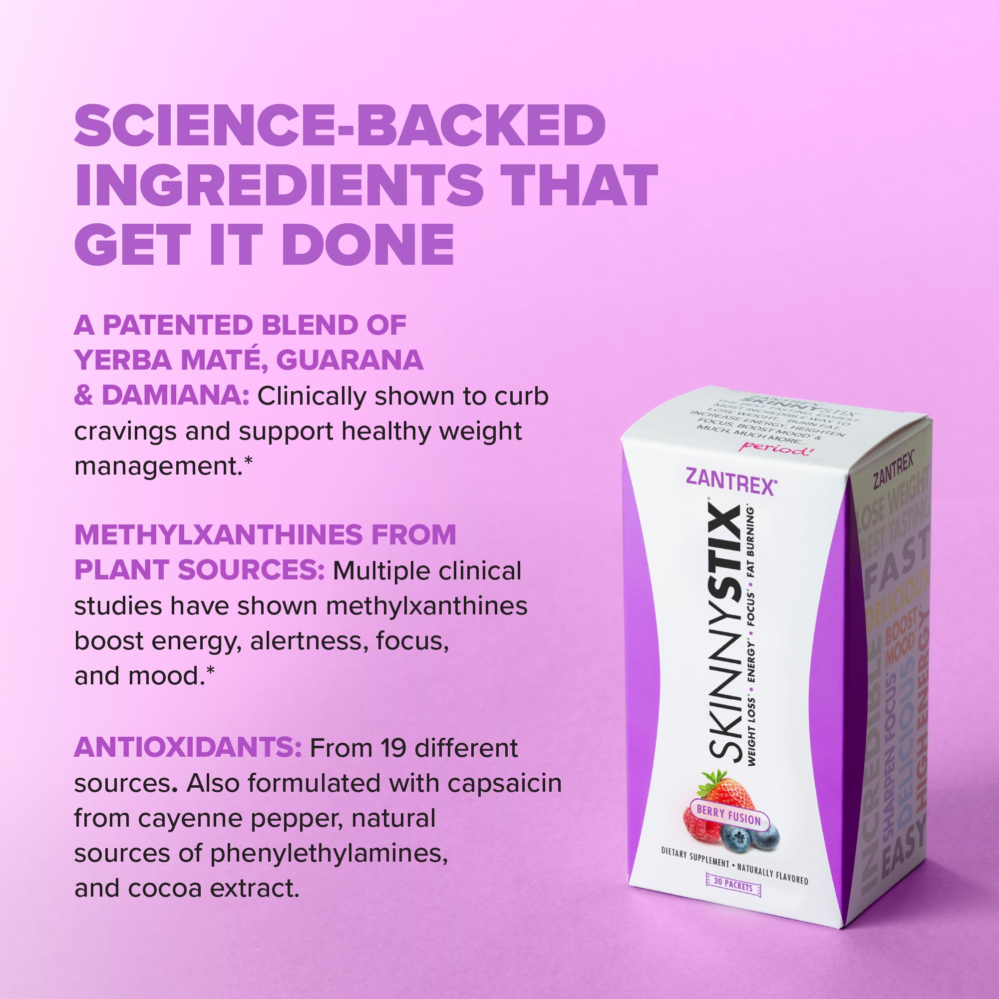 Zantrex SkinnyStix Energy Powder – Lose Weight, GLP-1, Appetite Suppressant, Boost Mood – 10 Calories – Yerba Mate, Coffee Bean – 30 Stix, Berry