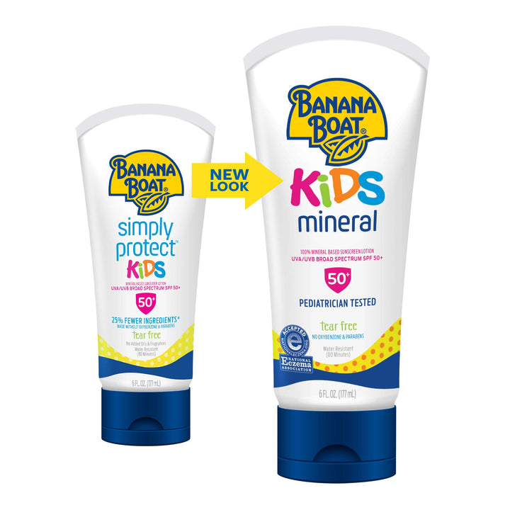 Banana Boat 100% Mineral Kids Sunscreen Lotion SPF 50, Twin Pack | Banana Boat Mineral Sunscreen for Kids, Childrens Sunblock SPF 50, Oxybenzone-Free, 6oz each (Pack of 2)