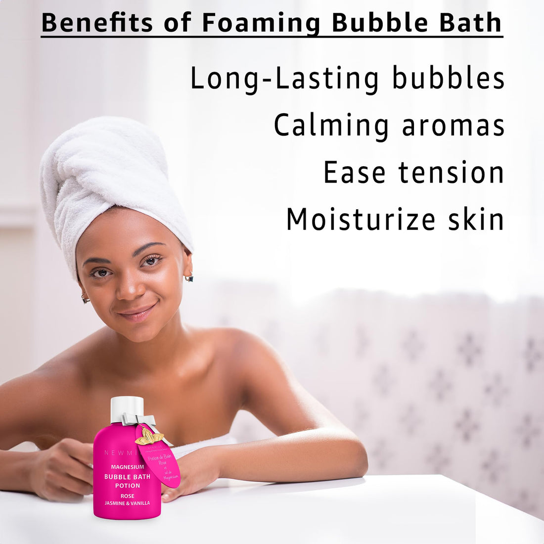 Magnesium Bubble Bath Rose Jasmine Vanilla Long Lasting Foam for Sore Muscles Epsom Salt Moisturizing Relaxing Stress Relief Spa Gift for Women