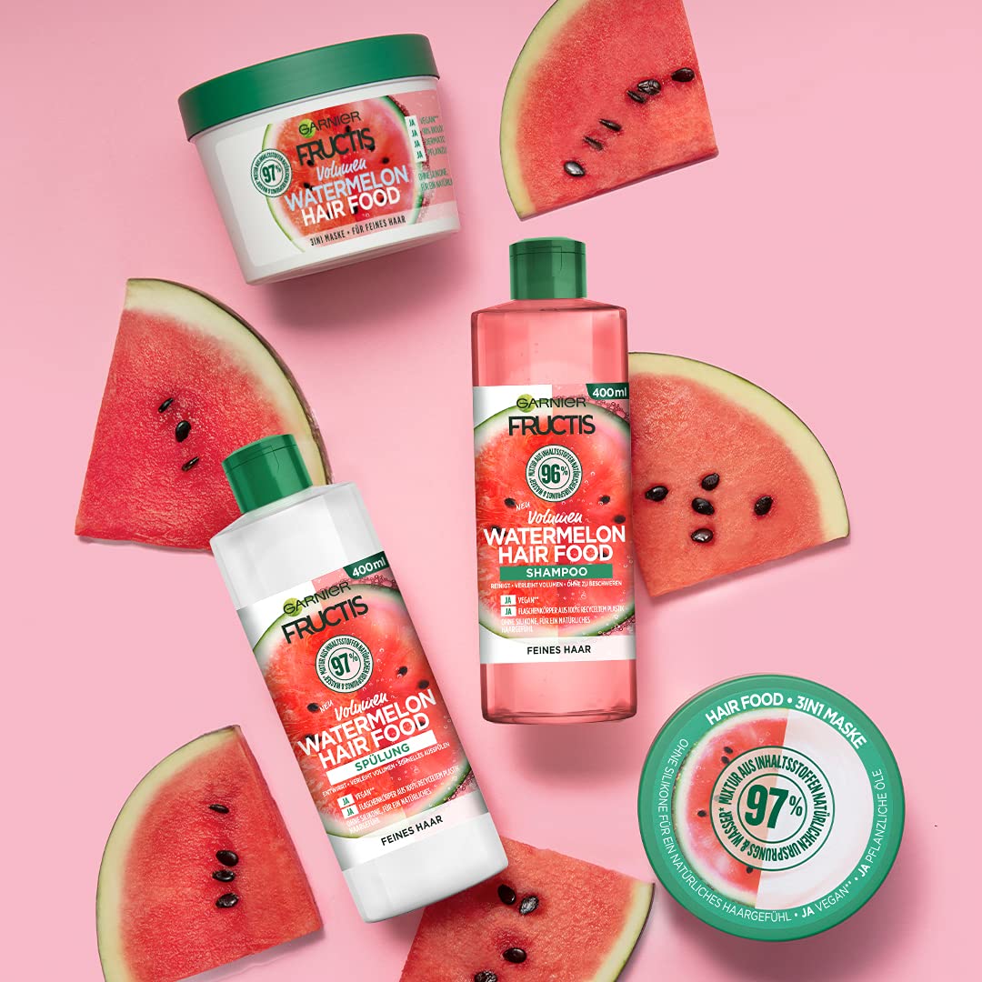 Garnier Hair Mask, Watermelon Hairfood, Moisturising 3-in-1 Mask, Gently Detangles Fine Hair and Gives Unrivalled Shine, Fructis, 390 ml