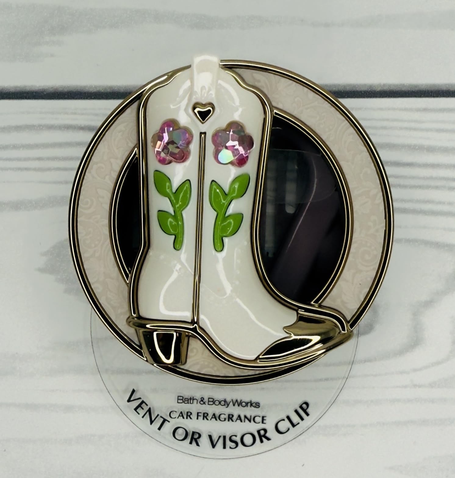 Bath and Body Works Cowgirl Boot White with Pink Flowers and Green Leaves Gold Trim Car Visor Fragrance Holder Easy To Open