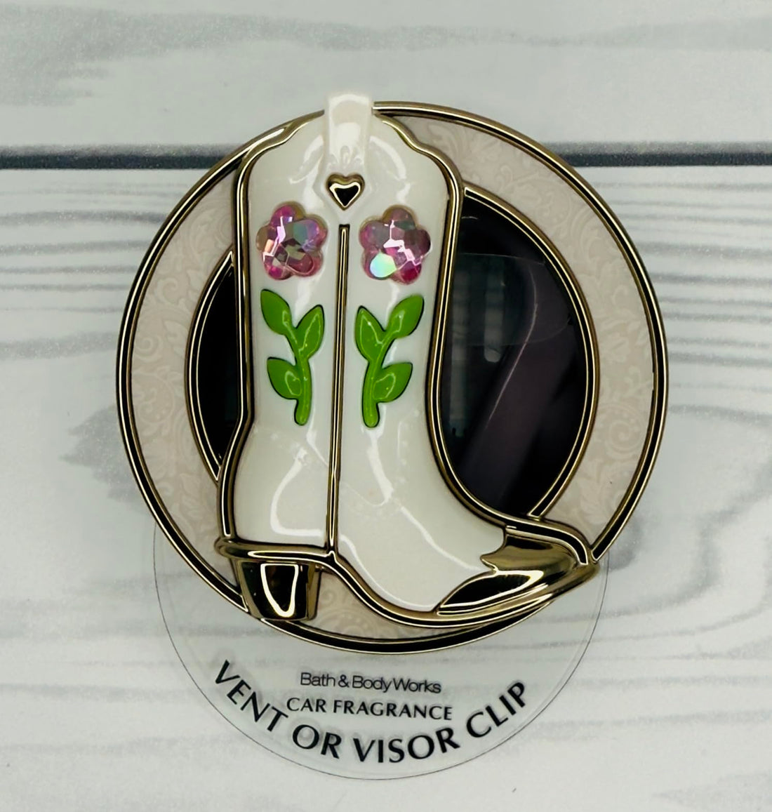 Bath and Body Works Cowgirl Boot White with Pink Flowers and Green Leaves Gold Trim Car Visor Fragrance Holder Easy To Open