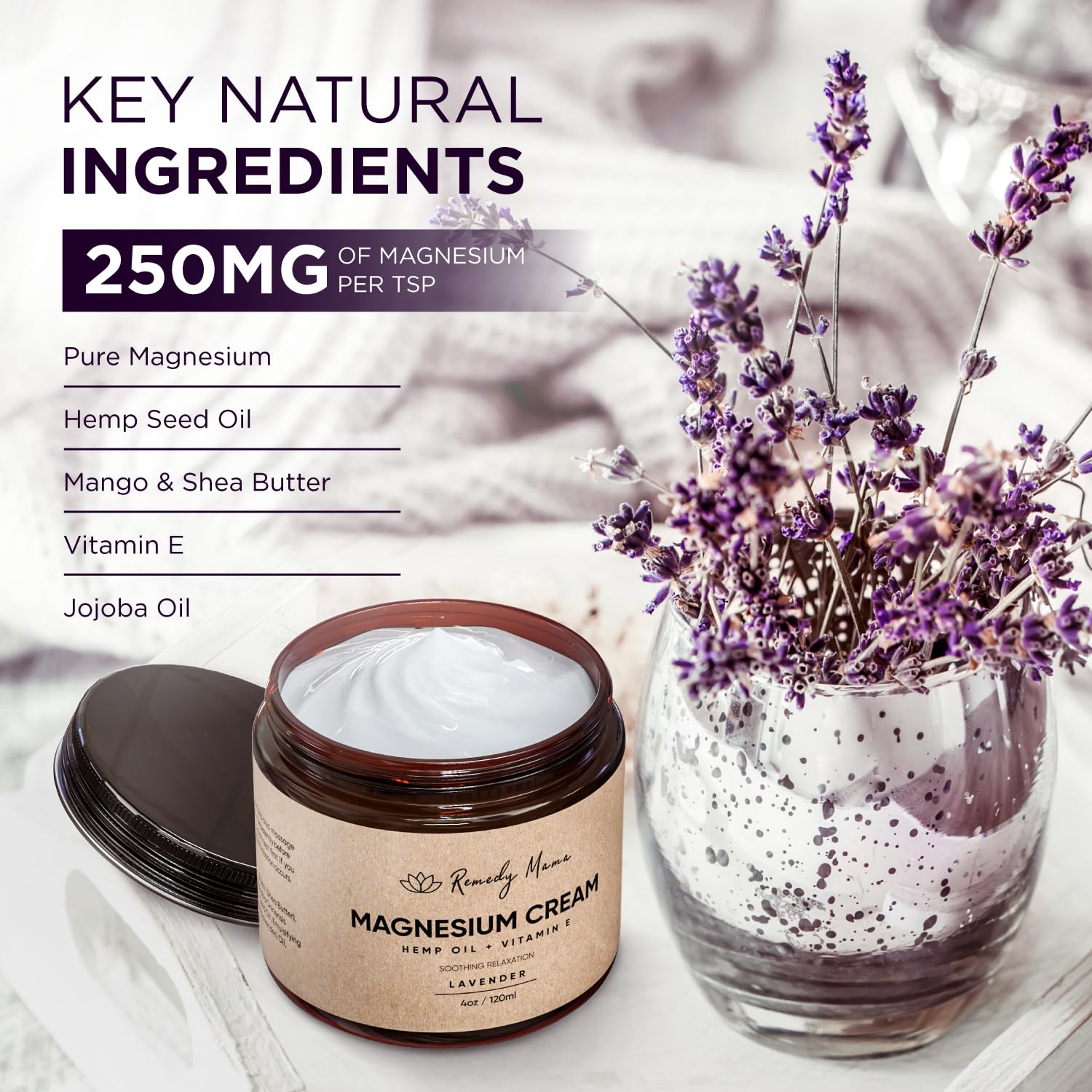 Remedy Mama Magnesium Cream for Sleep, Muscle Soreness & Cramps Relief with Hemp Seed Oil, Vitamin E, Shea Butter - Topical Magnesium Lotion for Calm & Relaxation - Lavender - 4fl oz - Made in Canada