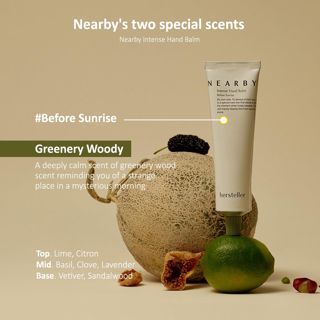 Hersteller Nearby Intense Hand Balm 50ml, 1.7 Fl Oz Deep Moisturizing Hydrating Non Sticky Vegan Butter Complex Scented Cream Hand Care Before Sunrise Greenery Woody Scent