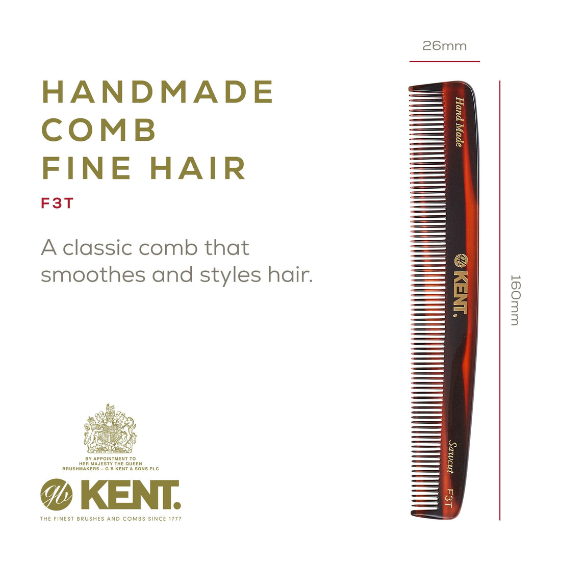 Kent F3T Handmade Dressing Table Comb for Men and Women, All Fine Tooth Hair Comb Straightener for Everyday Grooming Styling Hair, Beard and Mustache, Saw Cut and Hand Polished, Made in England