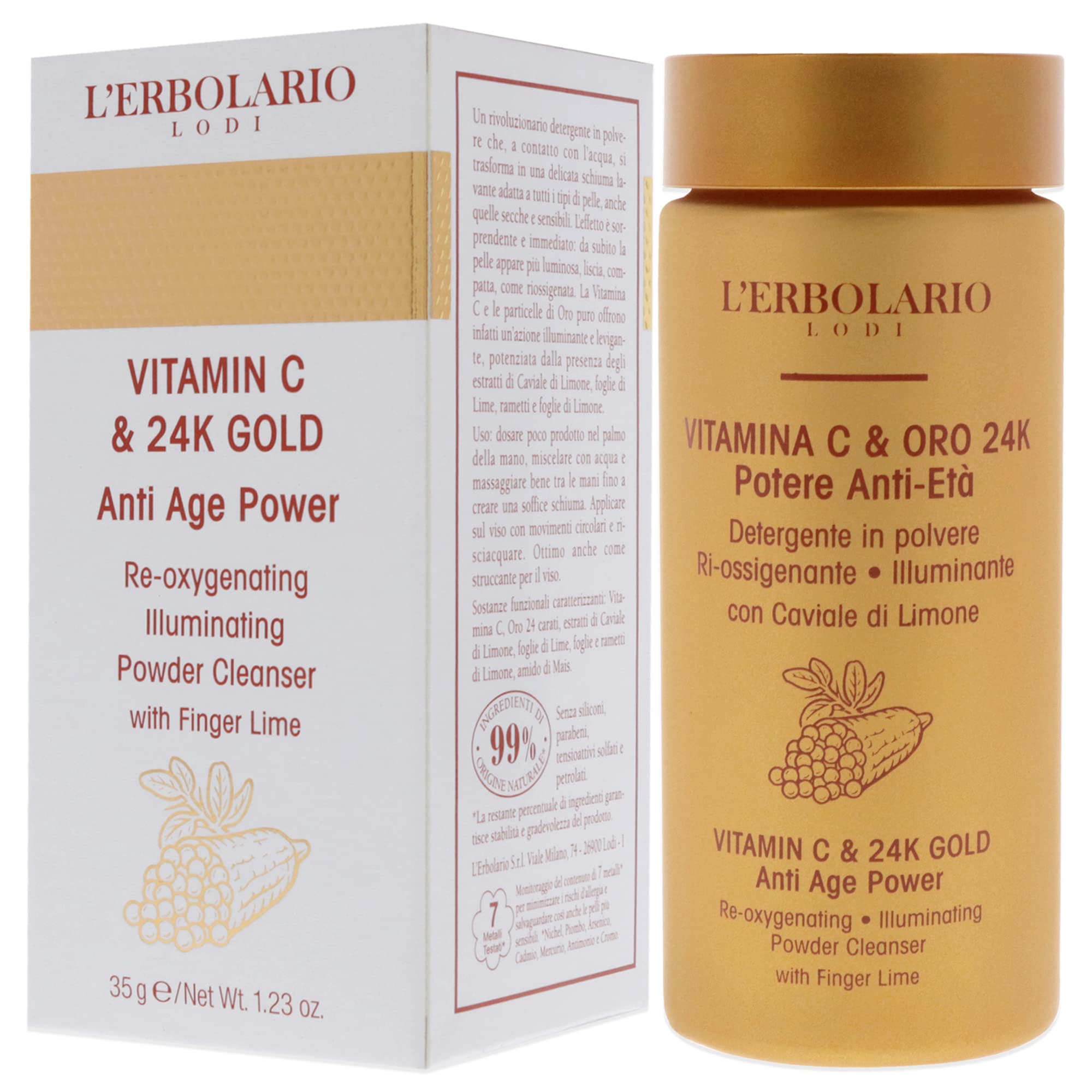 L'Erbolario Vitamin C And 24K Gold Anti-Age Power - Cleanser Face Wash for Oily and Dry Skin - Restores Your Skin’s Natural Glow - Daily Facial Cleanser Removes Makeup, Sweat and Impurities - 1.23 oz