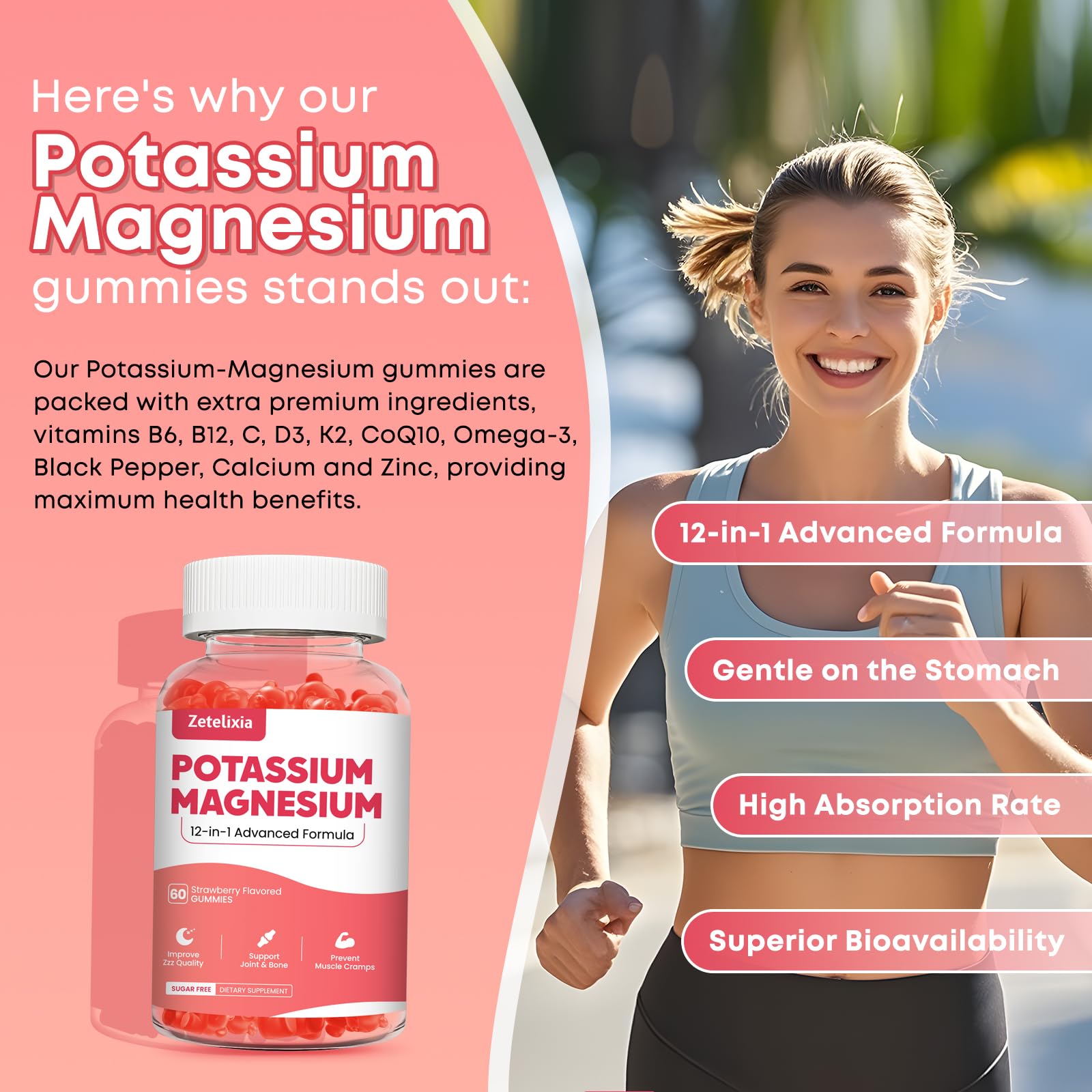 Potassium Magnesium Supplement Gummies for Adults Kids, Magnesium Glycinate & Potassium Citrate, Plus Multivitamin, Omega-3 & Black Pepper, Leg Cramps, Muscle & Heart Health, 60ct