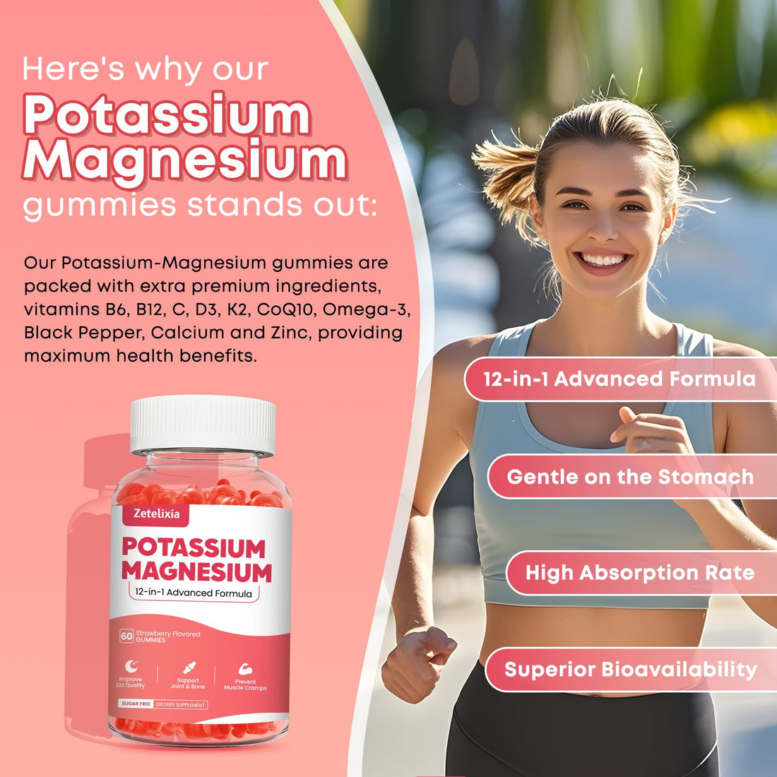 Potassium Magnesium Supplement Gummies for Adults Kids, Magnesium Glycinate & Potassium Citrate, Plus Multivitamin,Omega-3 & Black Pepper, Leg Cramps, Muscle & Heart Health, 120ct