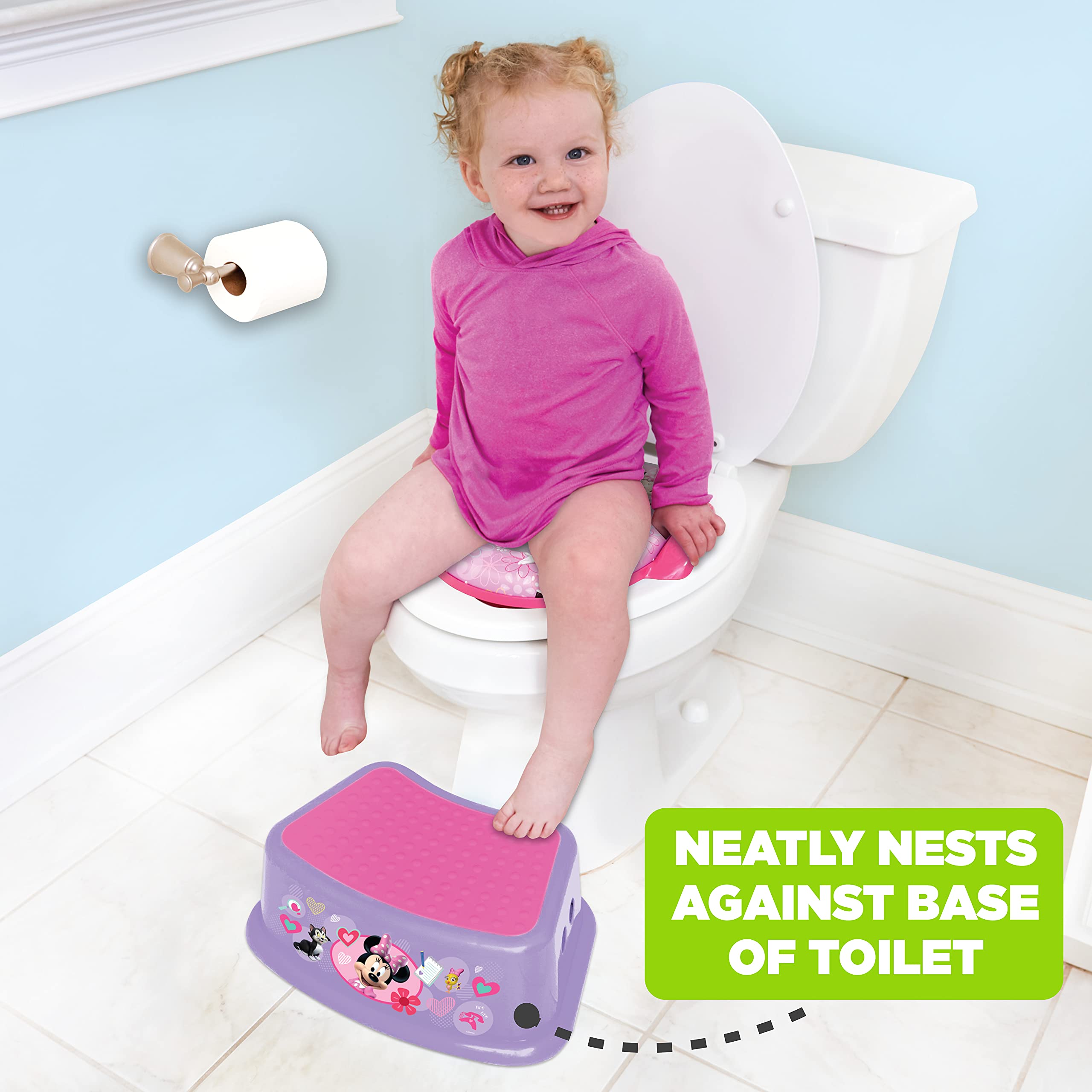 Disney Minnie Mouse Happy Helpers Bathroom Step Stool for Kids Using The Toilet and Sink - Kids Step Stool, Potty Training, Non-Slip, Bathroom, Kitchen, Lightweight