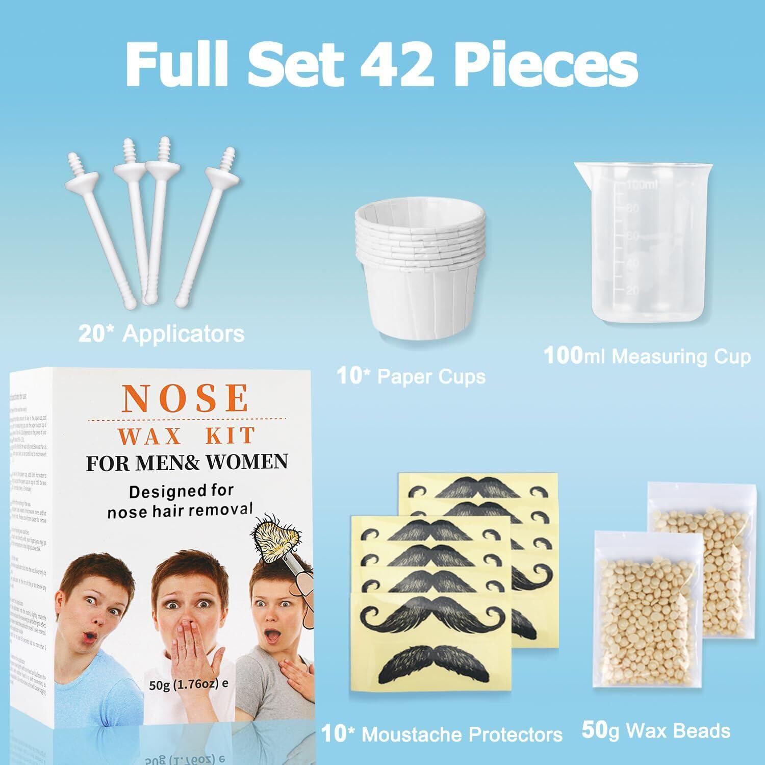 Nose Wax Kit from CoFashion - 50g Wax for Hair Removal, 20 Applicators (Up to 20 Uses), 10 Paper Cups for Nose and Ear Waxing