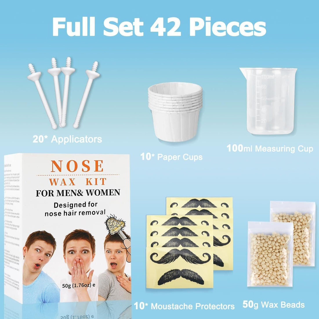 Nose Wax Kit from CoFashion - 50g Wax for Hair Removal, 20 Applicators (Up to 20 Uses), 10 Paper Cups for Nose and Ear Waxing